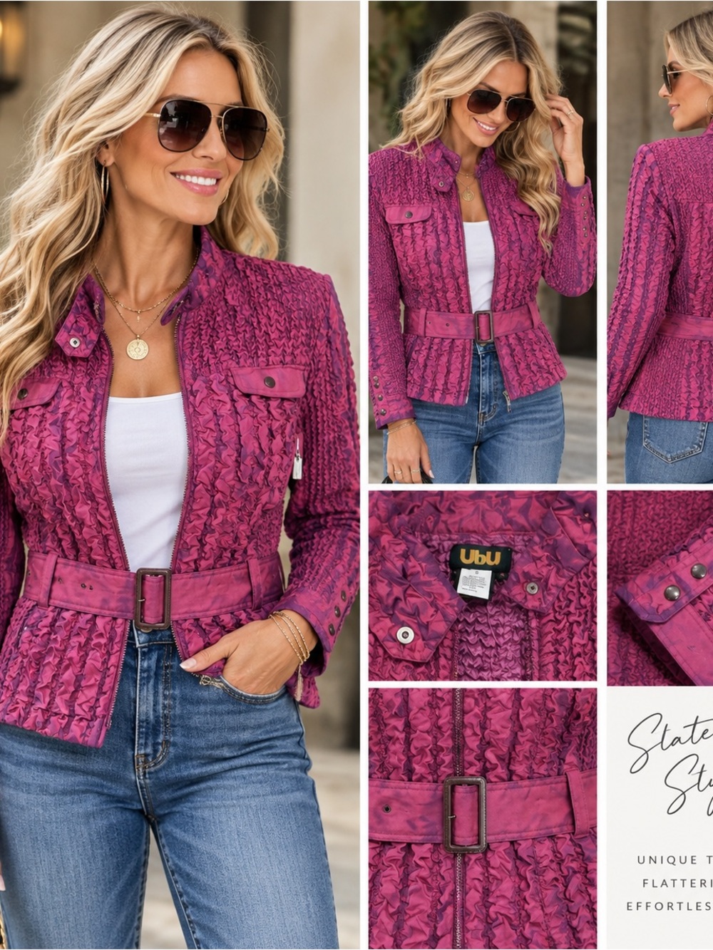 UBU Women's Fuchsia Textured Belted Puffer Jacket